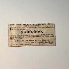 The Merchants' Insurance Com. Thomas C. Smith 1860 Boston Ad 5AK9-S38 picture