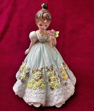 Josef Originals Figurine Girl in Blue Aqua Gown holding Rose 5.25