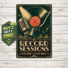 Retro Record Microphone Tin Sign Vintage Music Room Metal Wall Art Plaque picture