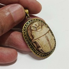 Egypt Scarab Pendant Copper Frame Hieroglyphic Carved Stone Vintage Decor Gift picture