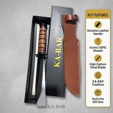 KA-BAR USMC Fighting Utility Knife Leather Handle Fixed Blade Outdoor Sheath New picture