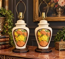 Vintage Pair Ceramic Table Lamps Raised 3D Roses Floral Ginger Jar Wood Base 23” picture