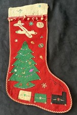 VINTAGE MCM FELT CHRISTMAS STOCKING APPLIQUE SEQUINS & BEADS TRAIN SANTA PLANE picture