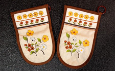 Vintage 70s Floral Oven Mitts Pair Handmade Quilted MCM Kitchen Yellow Orange picture