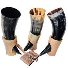 3pc Viking Drinking Horn & Stand Set 10oz Real Horn Viking Ale Ceremonial Gift picture