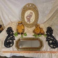 VTG 70s Wall Decor Owls Rattan Wicker Gold Wood Homco Burwood Dart LOT USA EUC picture