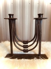 VTG MCM Brutalist Iron Metal Candlestick Taper Holder 2-Arm Candelabra Patina picture