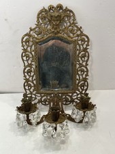 Antique Bradley & Hubbard Brass Beveled Mirror 3 Arm Candle Wall Sconce W/Prisms picture