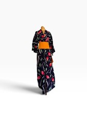 Vintage Cotton Japanese Kimono Robe Abstract Modernist Botanical Print w/ Obi picture