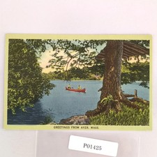 Greetings from Ayer Massachusetts 1930s Linen Postcard MA Canoe on Lake picture