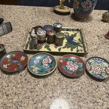 BULK….Vintage cloisonné tray 10” X 7”, Four Small Plates, Seven Lidded Pots, Cat picture
