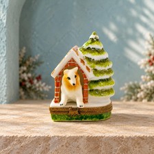 Limoges France doghouse trinket box with dog and snowy Christmas tree, picture