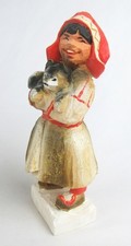 Vintage Henning Norway Carved Painted Wood Sami Girl Holding Puppy Dog Figurine picture