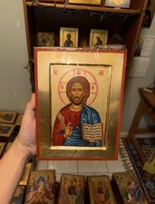 Christ Blessing Orthodox Icon 18kt Gold Leaf Carved Wood (Handmade) 18x24cm picture