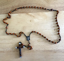 Vintage French Lourdes Catholic Rosary Brown Wood Beads Wood Crucifix picture