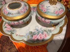 Antique French Hand Painted Limoges 5 Pc Vanity Dresser Set Roses. ArtistSigned picture