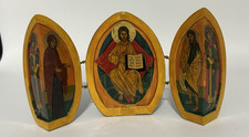 Vintage Russian Hand Painted Wooden Triptych Egg Jesus Maty & John Baptist picture