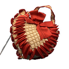 GREAT OLD Victorian Sewing Pin Cushion Red  Ribbon Heart Shaped  Hand Crocheted picture