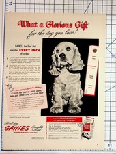 Vintage 1947 GAINES Dog Food Ad Cocker Spaniel Puppy Christmas Magazine Ephemera picture