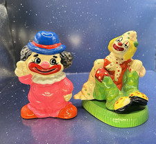 2 Vtg Clown Banks Ceramic Neon Pink / Plastic Small World Polka Dot Kitsch Retro picture