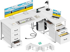 55 Inch L Shaped Office Desk with 6 Drawers, Power Outlet, White | 5 Fabric Draw picture