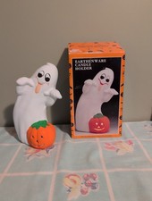 New Vtg Earthenware Halloween Candle Holder Ghost With Pumpkin Original Box 🎃 picture