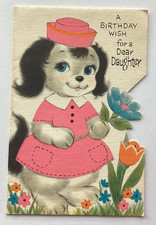 Vintage Happy Birthday Card ANTHROPOMORPHIC GIRL DOG IN DRESS FLOWERS Die Cut picture