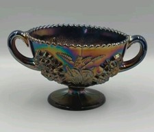 Antique Dugan Cobalt Blue Carnival Glass Floral And Wheat Handled Footed Bowl picture