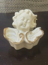 Angel Cherub Trinket box Ivory ceramic Gold trim Religious Angel face picture