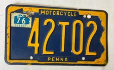 Vintage Pennsylvania Motorcycle License - Blue/Yellow - 1976 Tag PENNA #42T02 picture