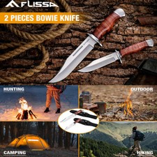 Flissa 2PC Fixed Blade Bowie Knife Full Tang Hunting Knife Leather Handle Sheath picture