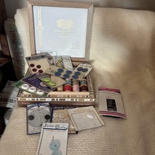 Vtg Sewing Notions In Romeo Y Julieta Wooden Cigar Box Buttons Wood Spools Etc picture