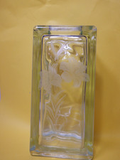 VTG HEAVY GLASS BLOCK VASE W/ ETCHED FLOWERS MADE IN GERMANY  picture