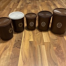 Vintage Tupperware Servalier Nesting Canisters Brown Set of 5 Starburst Lids MCM picture