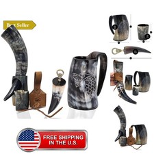 Viking Drinking Horn Mug Set 6 Pcs. Set Tankard, Leather Strap, Bottle Opener... picture