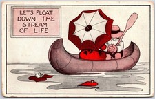 Lets Float Down The Stream Of Life, 1918 Motto Couple In Canoe, Vintage Postcard picture