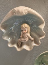 Vintage Ceramic Mermaid Blue Shell Wall Hanging Figurine picture