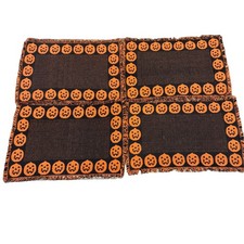 VTG Halloween Decor Woven Tapestry Placemats (4) 1990s Y2K Pumpkin Orange Black picture
