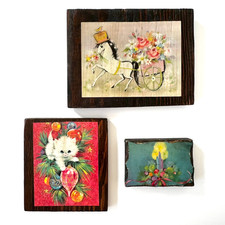 VTG 1970s Christmas Greeting Card Art on Wood Set of 3 Cat Horse Candles picture