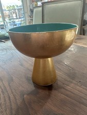 Japanese MCM  Gold Lacquered  Footed Bowl Gilded Turquoise  5” Tall picture