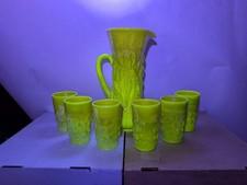 Vintage 1992 Custard Gibson Glass Heavy Water Pitcher & 6 Tumblers Uranium GLOWS picture