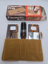 Vintage Cosmetic Trio Travel Set Faux Tortoiseshell Brush Comb Mirror Case Box picture