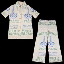 Vintage 70s Flour Sack Button Up Shirt Pants Set Sz L Minoterie De Matadi Zaire picture