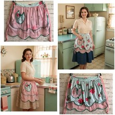 Vintage 1950s 60s Floral Print Pink Chiffon Reversible Retro Half Apron picture