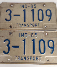 Vintage 1985 Indiana Transport License Plates Matched Pair Garage Man Cave Decor picture