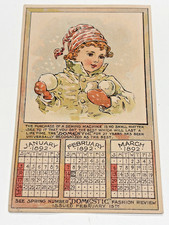 1892 Victorian Trade Card Calendar Domestic Sewing Machine Co Boy Snowballs picture