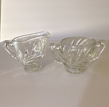 Clear Glass Floral Creamer & Sugar Bowl Set, 2-Piece Round w/ Handles/ Vintage picture
