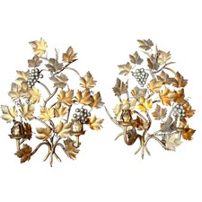 2 Vintage Italian Florentine Gilt Gold Tole Leaf Grape Wall Double Candle Sconce picture