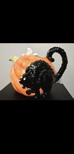 Vtg 1987 Fitz Floyd Halloween Pumpkin Pitcher Black Cat Ghost 3.5 QT Ceramic picture