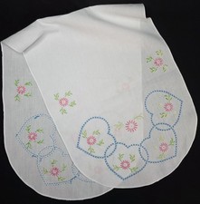 Vintage Hand Embroidered Linen Table Runner | Pink Flowers & Blue Hearts | 14x38 picture